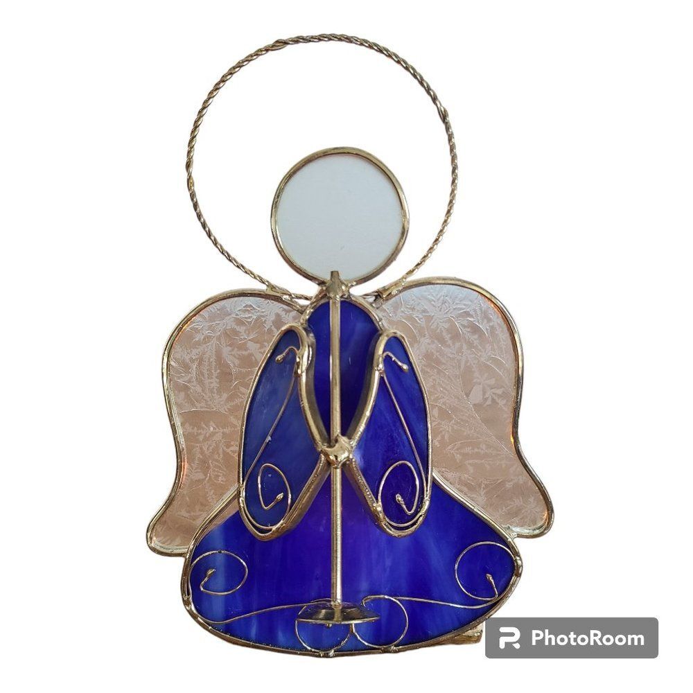 Vintage Stained Glass Tealight Holder Angel Trumpet Candle Display Cobalt Blue